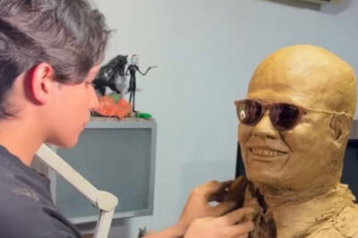 Joven escultor de 15 años llora mientras crea una obra en honor a Rubby Pérez