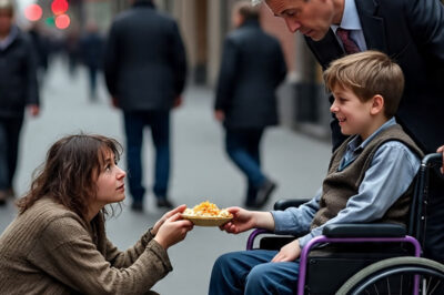 NIÑA MENDIGA COMPARTE SU COMIDA CON UN NIÑO EN SILLA DE RUEDAS, Y UN MILLONARIO LO VE… LO QUE SUCEDE DESPUÉS TE DEJARÁ SIN PALABRAS.