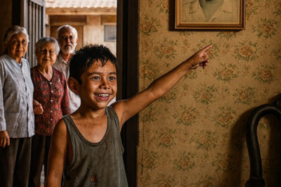 Dio refugio al niño pobre durante la lluvia, y la anciana quedó atónita cuando el pequeño señaló la foto de su hija y exclamó una frase…