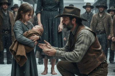 Nos puede comprar, señor”, dijo la niña pequeña sosteniendo a un bebé. El vaquero solitario miró el rostro de la mujer…