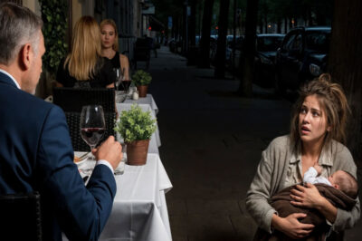 «¿Puedo quedarme con sus sobras, señor?». La voz temblaba como una vela en el viento. El CEO apenas levantó la mirada de su copa de vino… hasta que se encontró con su mirada. Mejillas manchadas de tierra, ojos hundidos, y un recién nacido apretado contra su pecho. En ese instante, el tiempo se detuvo… y lo que hizo a continuación cambiaría vidas mucho más allá de esa acera.