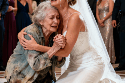En medio de la lujosa boda, una anciana mendiga entró en silencio, esperando solo un vaso de agua. Los invitados murmuraron molestos y la seguridad se movió para sacarla a la fuerza, pero la novia se quedó helada en el momento en que vio el rostro de la mujer. Corrió hacia ella, cayendo de rodillas a sus pies, conmocionando a todo el salón. Su voz temblaba: “Mamá… lo siento. Nunca imaginé que siguieras viva… o que todavía me estuvieras buscando”. La sala se quedó helada.