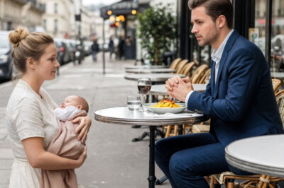 Ella se arrodilló junto a la mesa de él en la acera, meciendo a su bebé. «Por favor, no quiero su dinero… solo un instante de su tiempo». El hombre del traje levantó la mirada de su copa de vino, sin sospechar que las palabras de ella iban a trastocar todo lo que él creía saber.