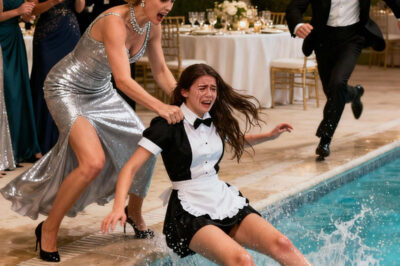 Una pobre camarera es empujada cruelmente a la piscina mientras la multitud se burla de ella — pero entonces, un misterioso millonario se acerca y hace algo que nadie podía creer.