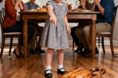 Durante la cena de Acción de Gracias, mi hija de cinco años gritó de repente, corrió hacia la mesa y arrojó el pavo entero al suelo. Todos se quedaron en silencio. Me agaché y le pregunté con la mayor suavidad posible: “Cariño, ¿por qué hiciste eso?”. Ella recuperó el aliento, levantando las manos en señal de triunfo. “¡Porque los salvé a todos!”. Nadie sabía a qué se refería… hasta que susurró algo que dejó helada a toda la sala.