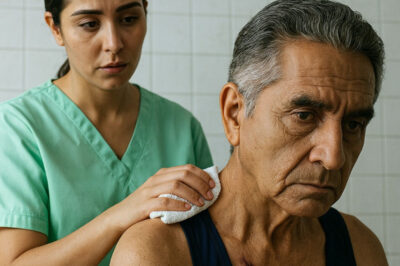 “Papá, ya empiezo”, susurré mientras limpiaba a mi suegro paralizado — pero al quitarle la camisa, me quedé helada. De pronto recordé la extraña advertencia de mi esposo… y todo cobró sentido.