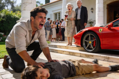 “Déjenlo morir… el linaje es débil. No manchen mi entrada italiana.” Mi padre lo dijo con una frialdad imposible mientras su nieto de seis años se desangraba en el suelo, después de que el Ferrari de un VIP lo arrollara frente a todos. Yo temblaba, buscando mi teléfono con desesperación para llamar al 911, pero él lo pateó lejos como si mi hijo no fuera más que un estorbo, murmurando que no quería “sirenas arruinando la fiesta”. En su cabeza, yo seguía siendo el fracaso pobre que apenas podía sostener un viejo Honda… y por eso no merecía ni respeto, ni voz, ni urgencia. Lo que jamás imaginó… es que esa mansión donde él se creía dueño de todo, en realidad era mía. Y lo más cruel de toda esa noche… era que yo lo sabía desde el primer segundo.