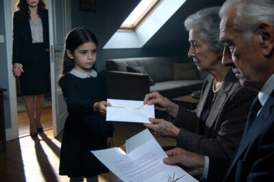 La noche que murió mi esposo, llamé a mis padres temblando, apenas podía respirar, y lo que escuché a continuación me destrozó más que el dolor mismo: «Estamos ocupados en el cumpleaños de tu hermana». Sin compasión. Sin sorpresa. Solo… desdén. Unos días después, entraron en mi casa como si nada hubiera pasado, y lo primero que dijeron no fue «¿Estás bien?», sino «Queremos el 50% de su herencia». Se me revolvió el estómago. El silencio en la habitación se sentía pesado, sofocante, hasta que mi hija de 8 años dio un paso al frente, les ofreció un sobre y dijo, casi escalofriantemente: «Esto es lo que vinieron a buscar». Cuando lo abrieron, sus manos comenzaron a temblar…