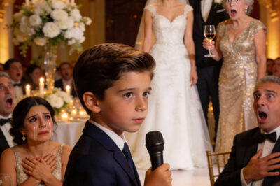En cuanto encontré mi asiento en la boda de mi cuñada, se me cayó el alma a los pies, porque la tarjeta que estaba en mi silla no tenía mi nombre. Tenía una etiqueta: «Camarera Madre Soltera». La miré fijamente, parpadeando como si la hubiera leído mal, como si fuera una errata… pero las miradas a mi alrededor confirmaron que no. Entonces mi suegra echó la cabeza hacia atrás y se rió tan fuerte que resonó por toda la sala. «¡La camarera de esta noche!» , gritó, sonriendo como si acabara de ganar algo. «¡Solo un producto usado!». Y así, toda la sala estalló en carcajadas: la gente se atragantaba, aplaudía, sonreía, como si mi humillación fuera parte del espectáculo. Me ardía la cara. Se me hizo un nudo en la garganta. Me temblaban las manos contra el regazo mientras intentaba tragarme la vergüenza, mantener la compostura… hasta que el siguiente sonido lo destrozó todo. Una silla se arrastró hacia atrás. Mi hijo de ocho años se levantó. No me miró. No los miró. Caminó directo hacia el micrófono, con pasos cortos, un silencio denso, todos los ojos siguiéndolo como si no pudieran creer lo que veían. Entonces se inclinó y dijo en voz baja: «Tengo un regalo para la novia. De hecho… ella es…». La sala quedó en silencio sepulcral. La sonrisa de la novia se endureció, luego se quebró. Sus ojos se abrieron de par en par. Y en esa fracción de segundo, lo vi: pánico, porque lo que mi hijo estuviera a punto de decir no iba a ser gracioso. Iba a ser la verdad …